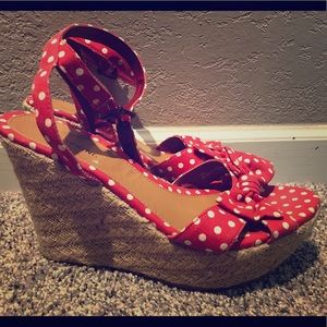 Red and white polka dot wedge sandals